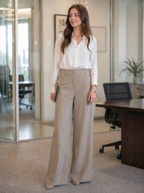 Elie Tahari Mariah Wide Leg Pants Beige Wool Blend NWT Size 2